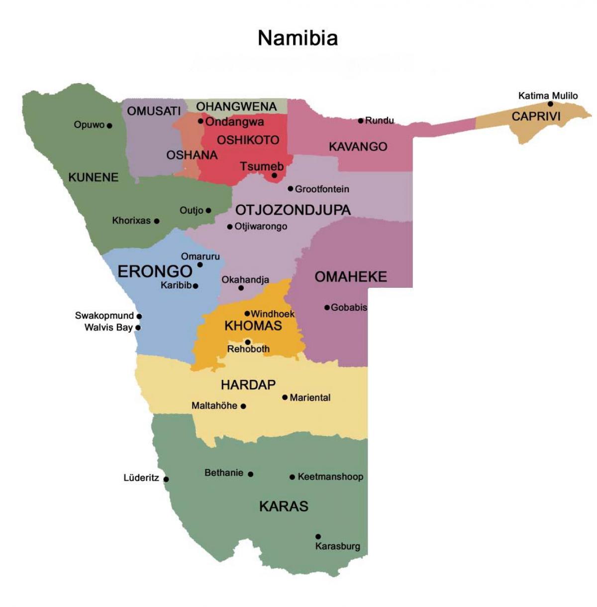 नक्शा नामीबिया के क्षेत्रों के साथ