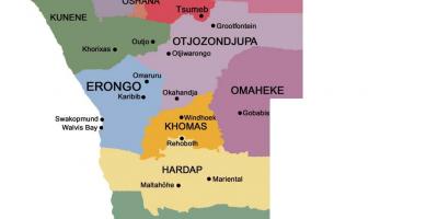 नक्शा नामीबिया के क्षेत्रों के साथ